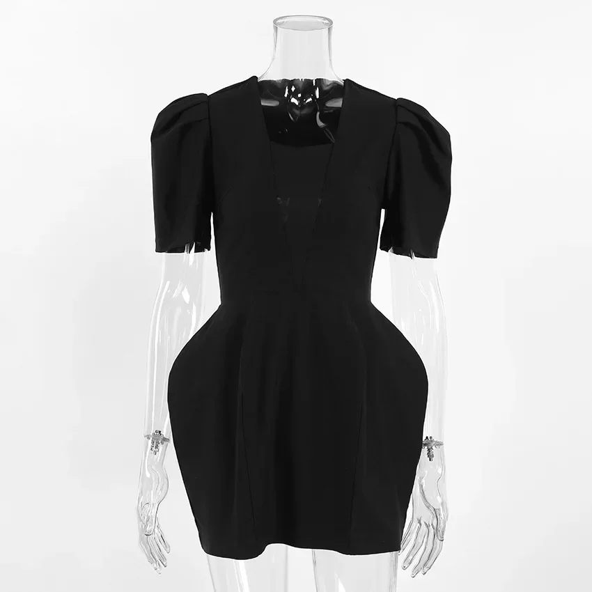 Schickes schwarzes Taillenbetontes Minikleid für Damen – Elegantes A-Linien-Kleid mit eckigem Ausschnitt und Puffärmeln für Abendpartys 2026 – Detail 1