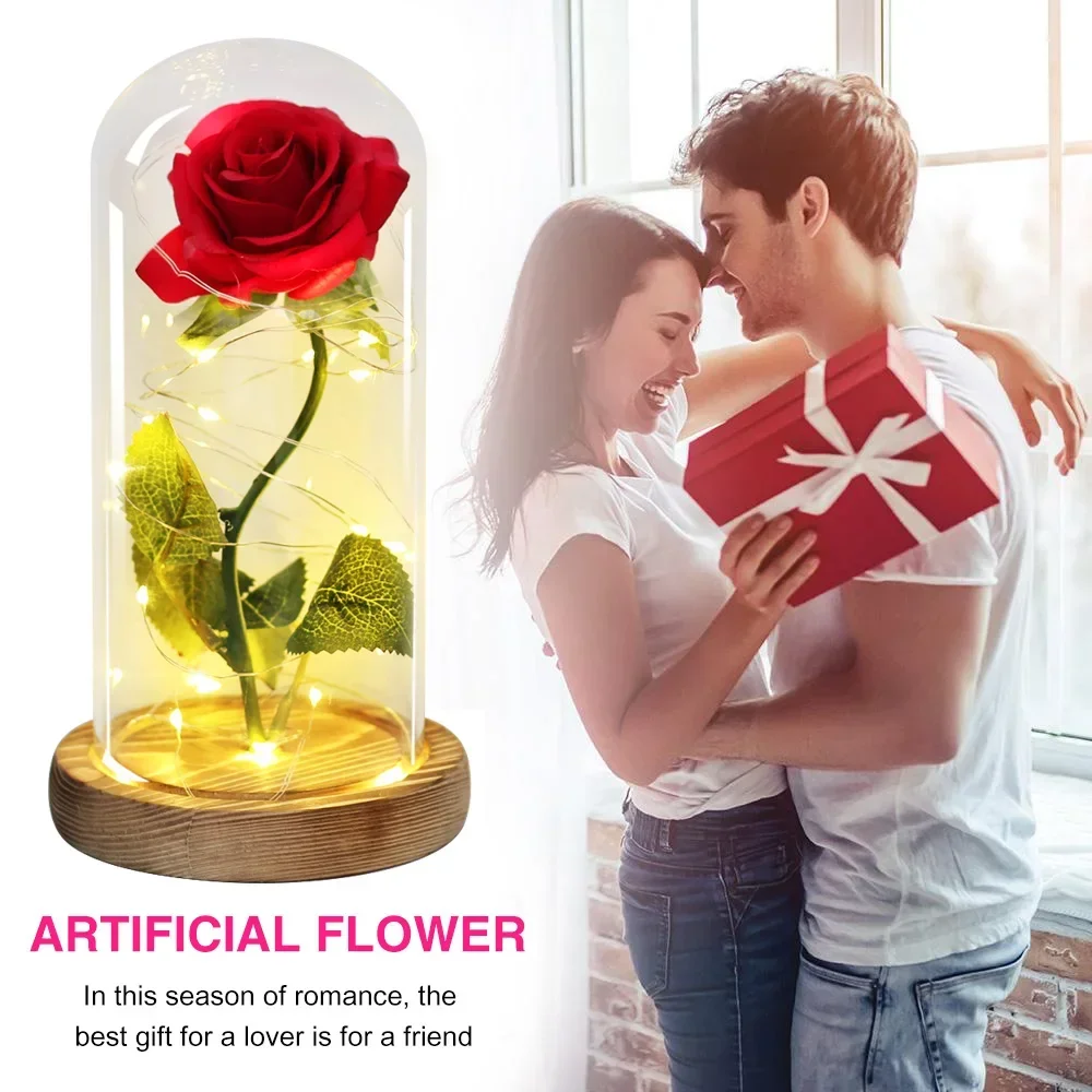 Artificial Flowers Beauty and the Beast Eternal Rose in Glass Cover Valentine's Day Wedding Birthday Decor for Gift