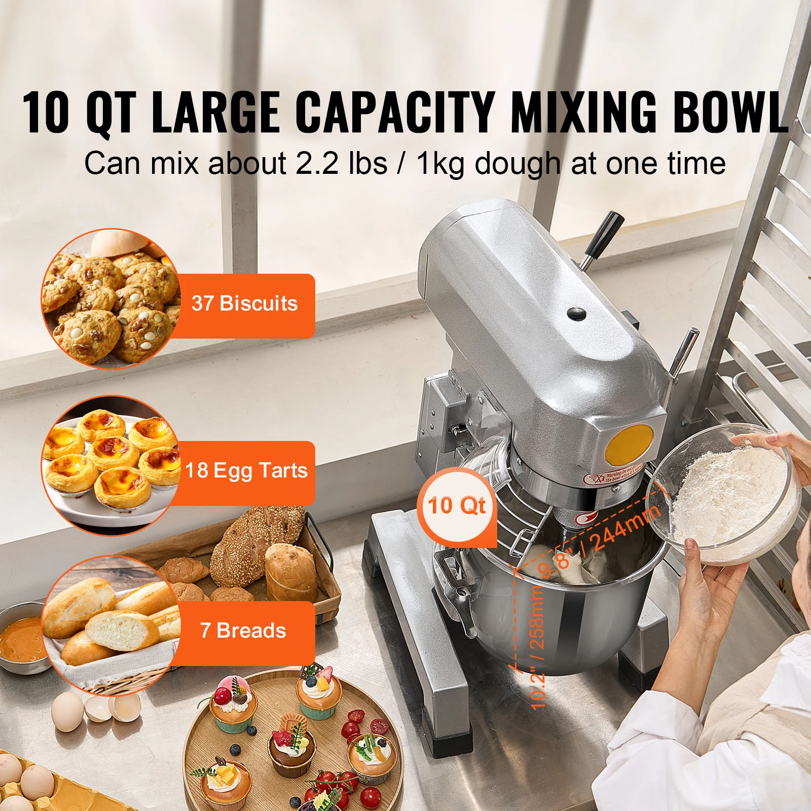 Commercial Food Mixer with Adjustable Speeds and Stainless Steel Bowl
