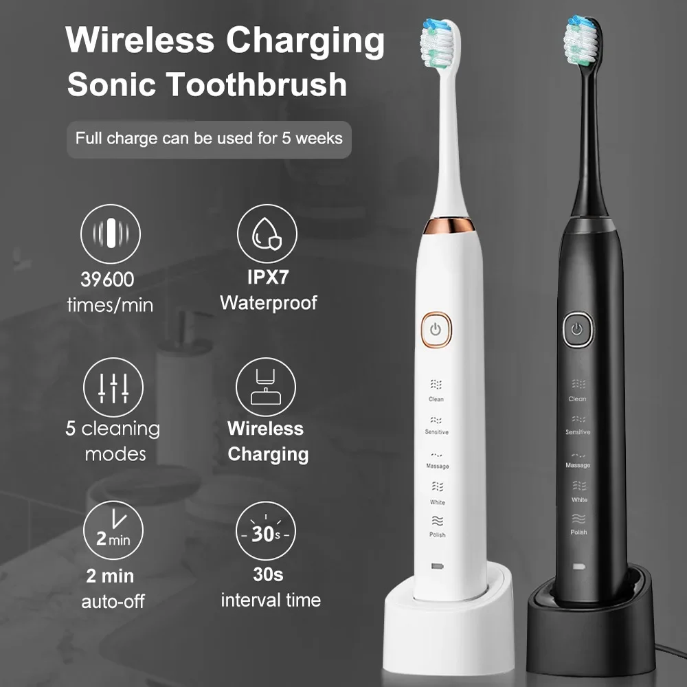 Sonic Electric Toothbrush USB Rechargeable Adult Waterproof Ultrasonic Teeth Whitening 8 Replacement Head S100