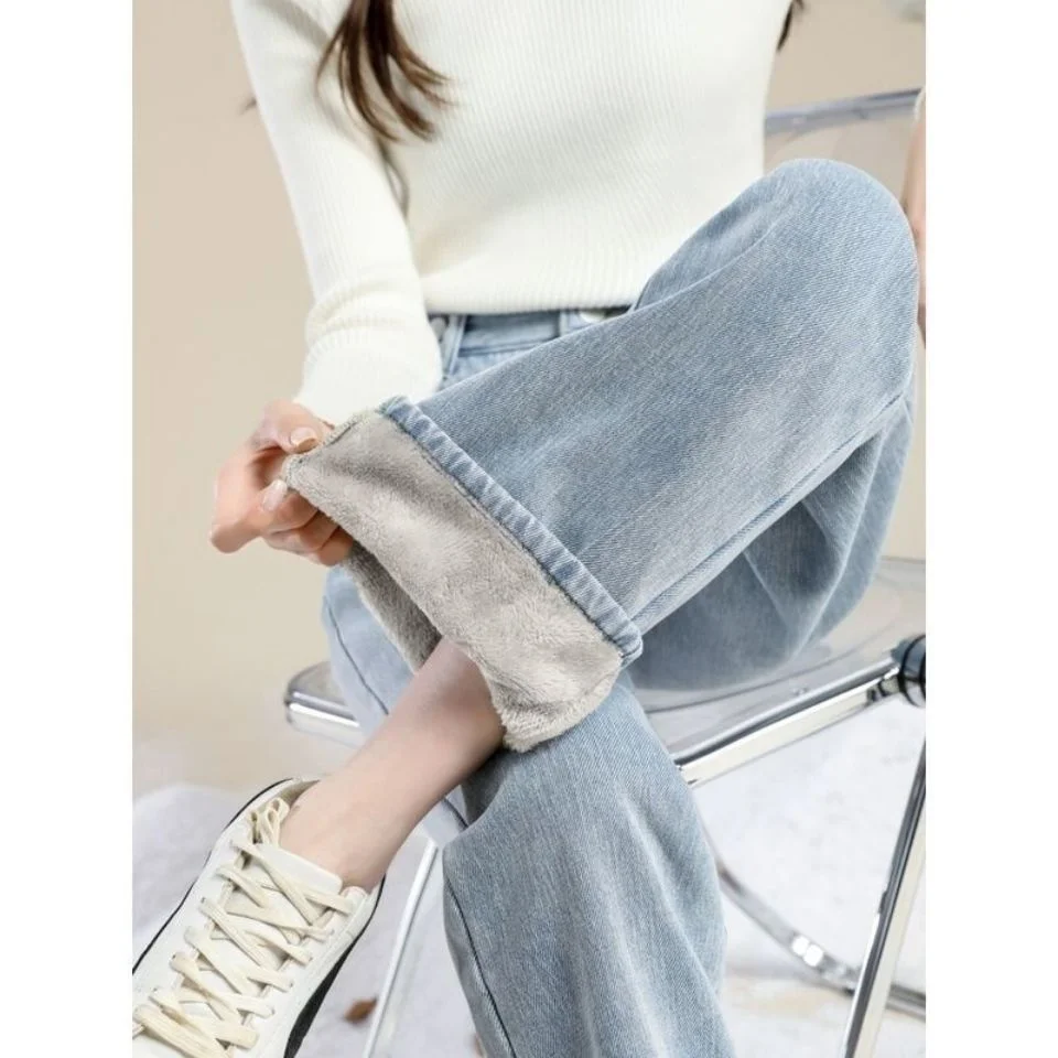

Denim Trousers Winter Velvet Wide Leg High Waist Casual Jeans Women Loose Straight Students Korean Long Pants