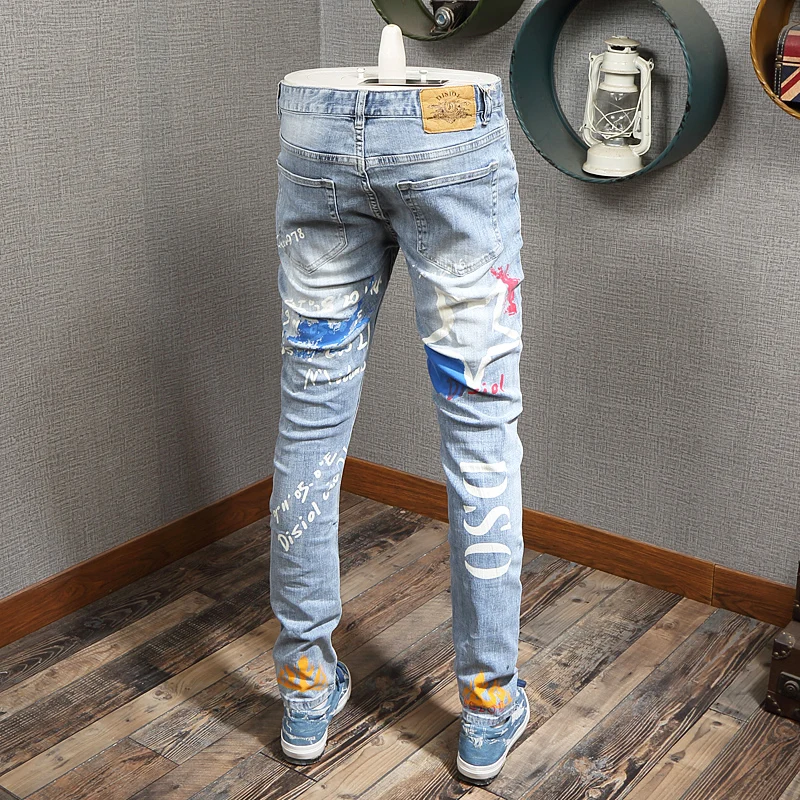 Streetwear Fashion Men Jeans Retro Light Blue Slim Fit Printed Jeans Men Night Club Painted Hip Hop Denim Pencil Pants Hombre