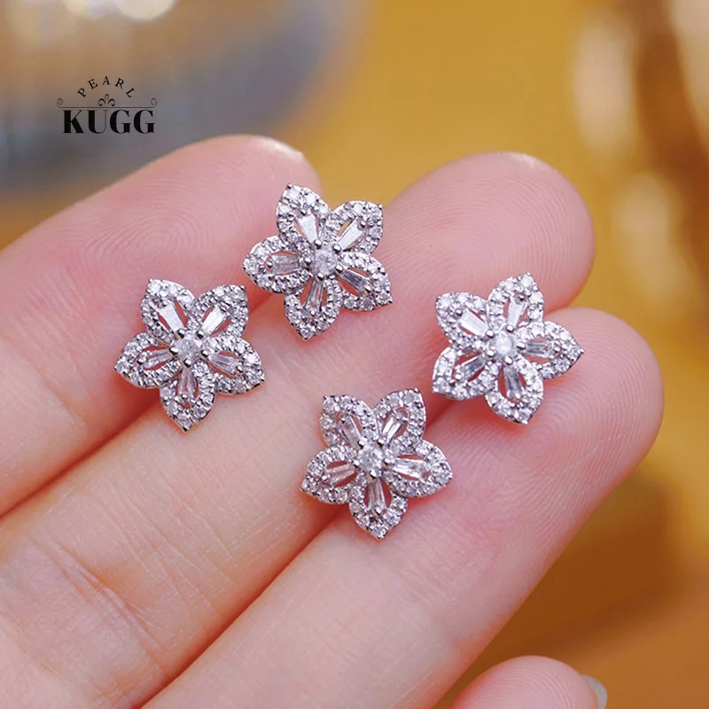 

KUGG 100% 18K White Gold Earrings Romantic Sakura Design 0.40carat Real Natural Diamond Stud Earrings for Women Party Jewelry