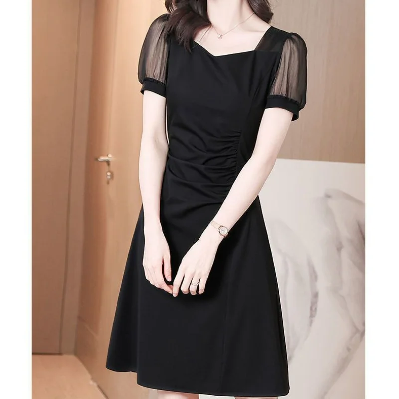 

Office Lady Women Fashion ChiffonDress Black Dress Summer Temperament Simple Splicing Gauze Short Sleeve Elegant Slim Dresses