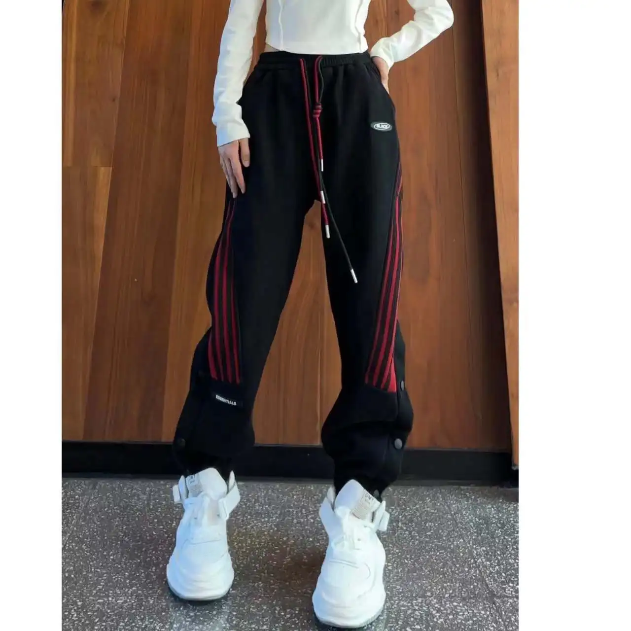 Black Colour Striped Hip Hop Sense of Design Button Pants Elastic Waist Knot Drawing Cotton Comfortable Harem Long Pants Thick iro the essence of colour in japanese design