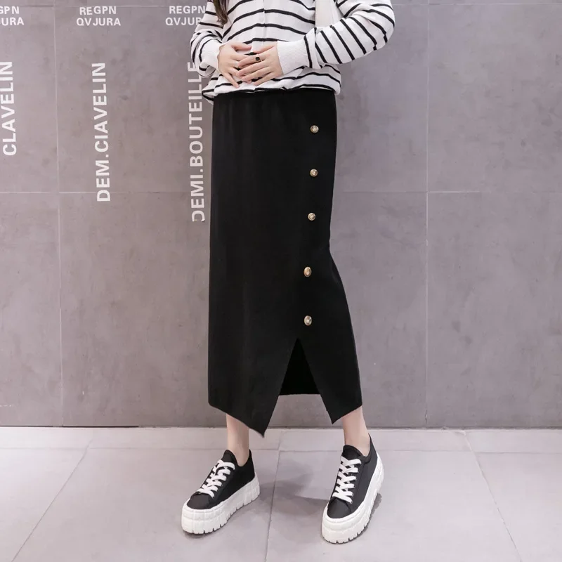 Fashionable Knitted Maternity Skirt Mid-Length Slimming Belly Covering One-Step Split Design Autumn Winter Style Pregnant Women
