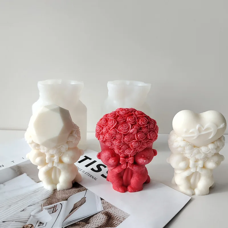 

3D Valentine's Day Rose Bear Plaster Silicone Mold Scented Candle Making Supplies Cute Hug Bear Christmas Romantic Wedding Decor