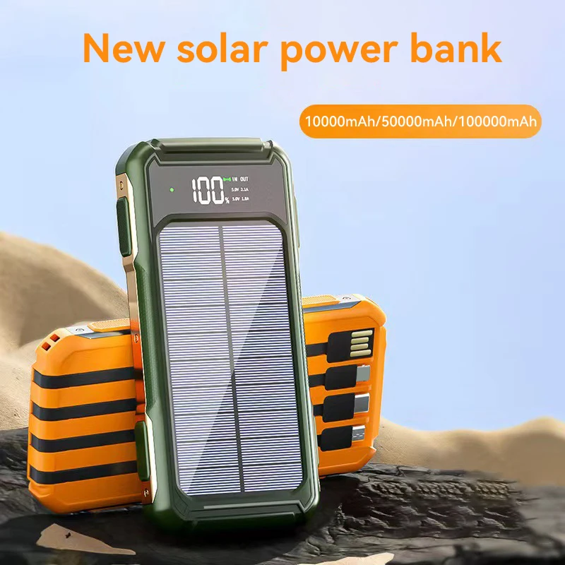 4-in-1 Solar Power Bank Built-in-cables 100000mAh High Capacity Charger Fast Charging Intelligent Digital Display Battery 2025 3