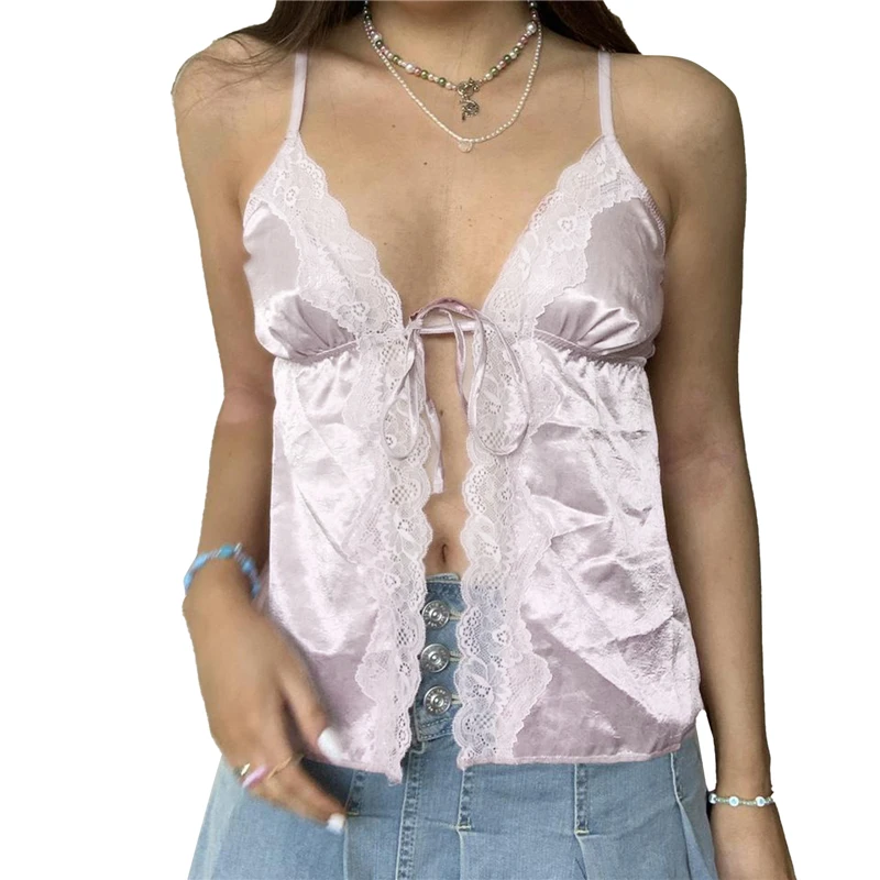 Camisola de encaje de verano para mujer, top beige rosa sin mangas con cuello en V, top ajustado, top corto dulce y sexy a la moda