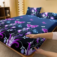 Brushed Fitted Sheet Soft Comfortable Butterfly Floral Print Bedding Fitted Sheet For Bedroom Guest Room With Deep Pocket 1