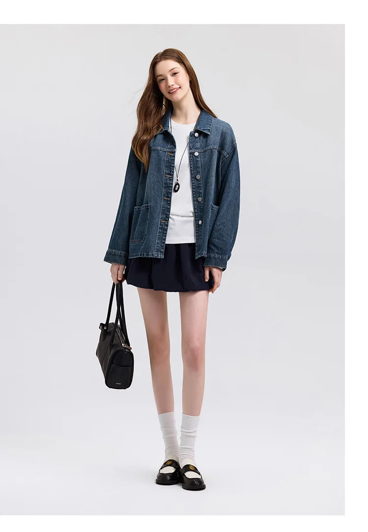 Denim Jacket Women Lapel Drop-shoulder Top Casual and Elegant 2025 Spring New Loose Jacket Instagram Trendy