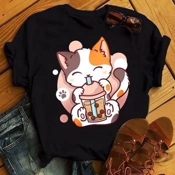 Kawaii Cartoon Milk Tea Printed T Shirt Women Fashion T Shirt Casual Tops 90s Girls Ladies Female Short Sleeve Cute Graphic Tee 1