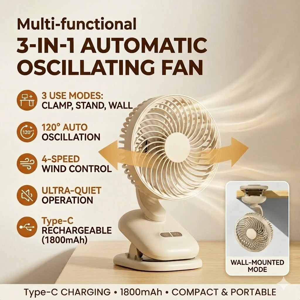 Portable Clip On Fan With Auto Oscillation And 4 Speed Settings_voghion.com