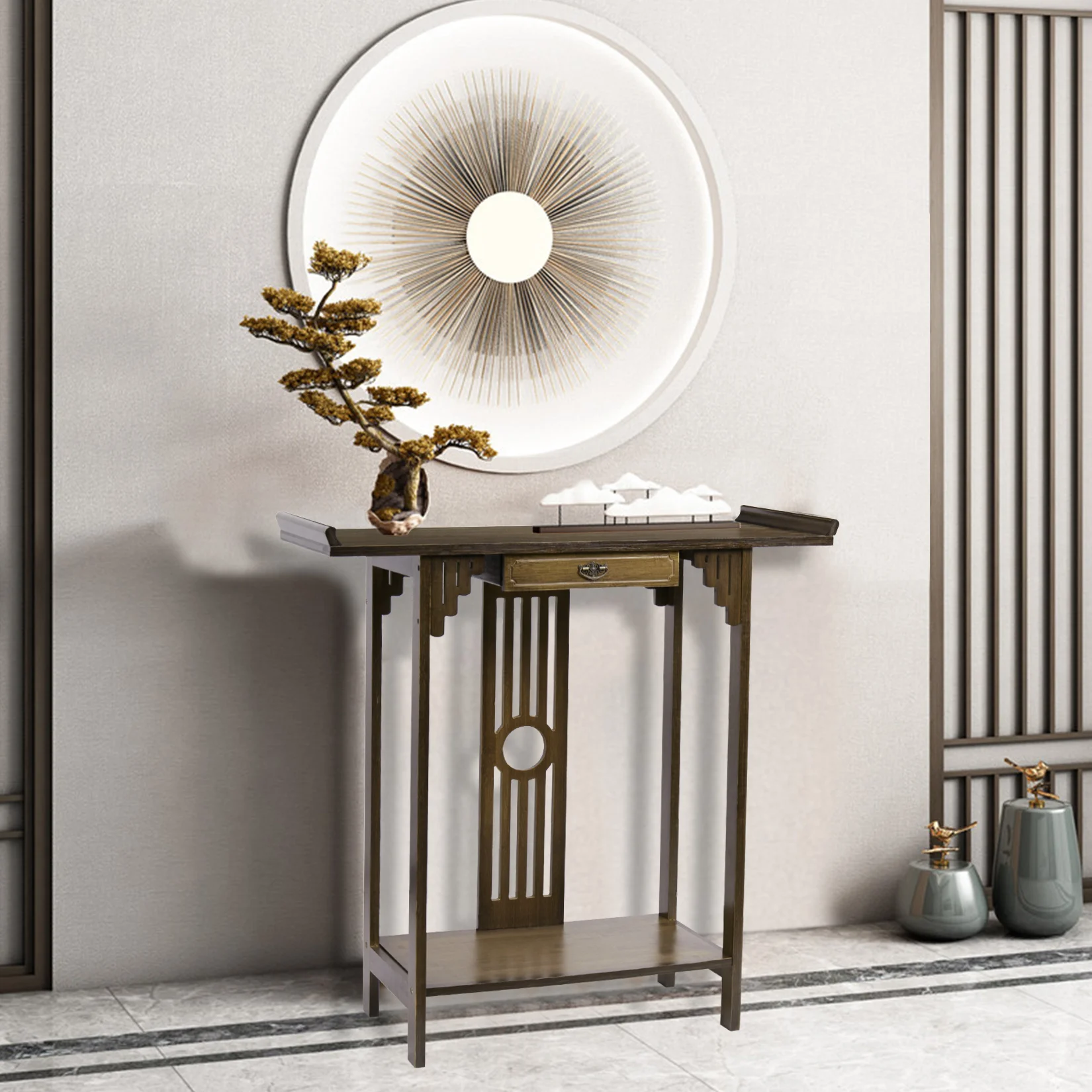 32インチ中国風竹コンソールテーブル,アクセント付き玄関テーブル,廊下