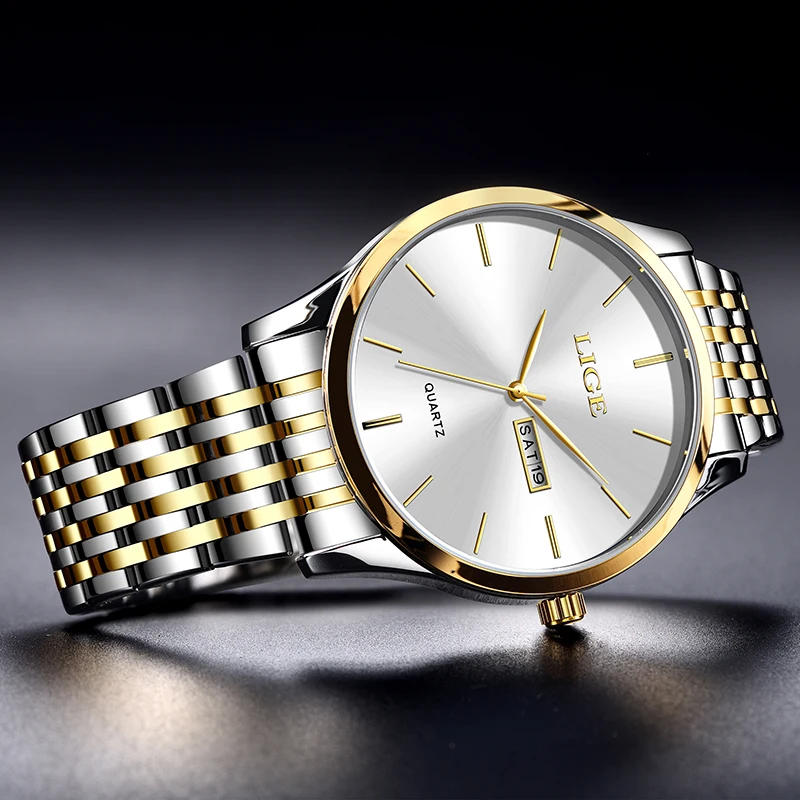 LIGE Top Brand Luxury Man Watch Simple Fashion Business Stainless Steel Band Watch for Men Waterproof Calendar Week Wristwatches