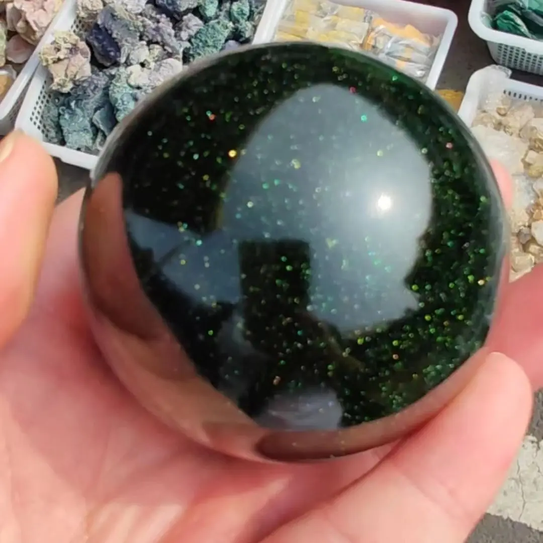 Beautiful Green Sand Golden Stone Ball Crystal Energy Healing Home Office Decoration Craft Gifts Feng Shui Ornament 4
