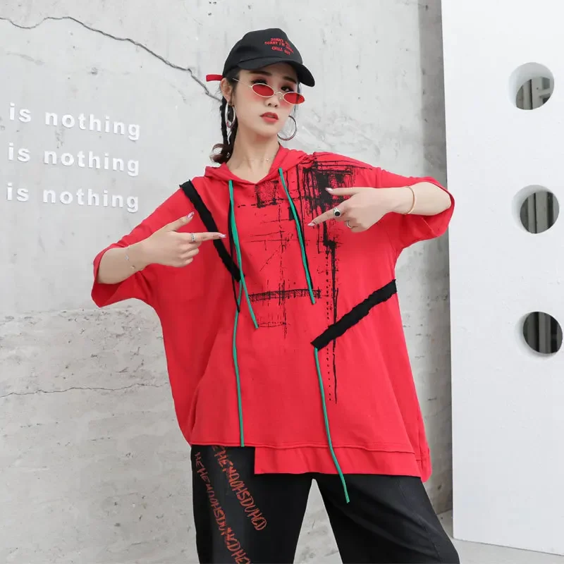 

Summer Women Loose Hooded T-shirts Female Printed Patchwork Tees Tshirts Girls Casual Personnality Pattern Streetwears Lady Tops