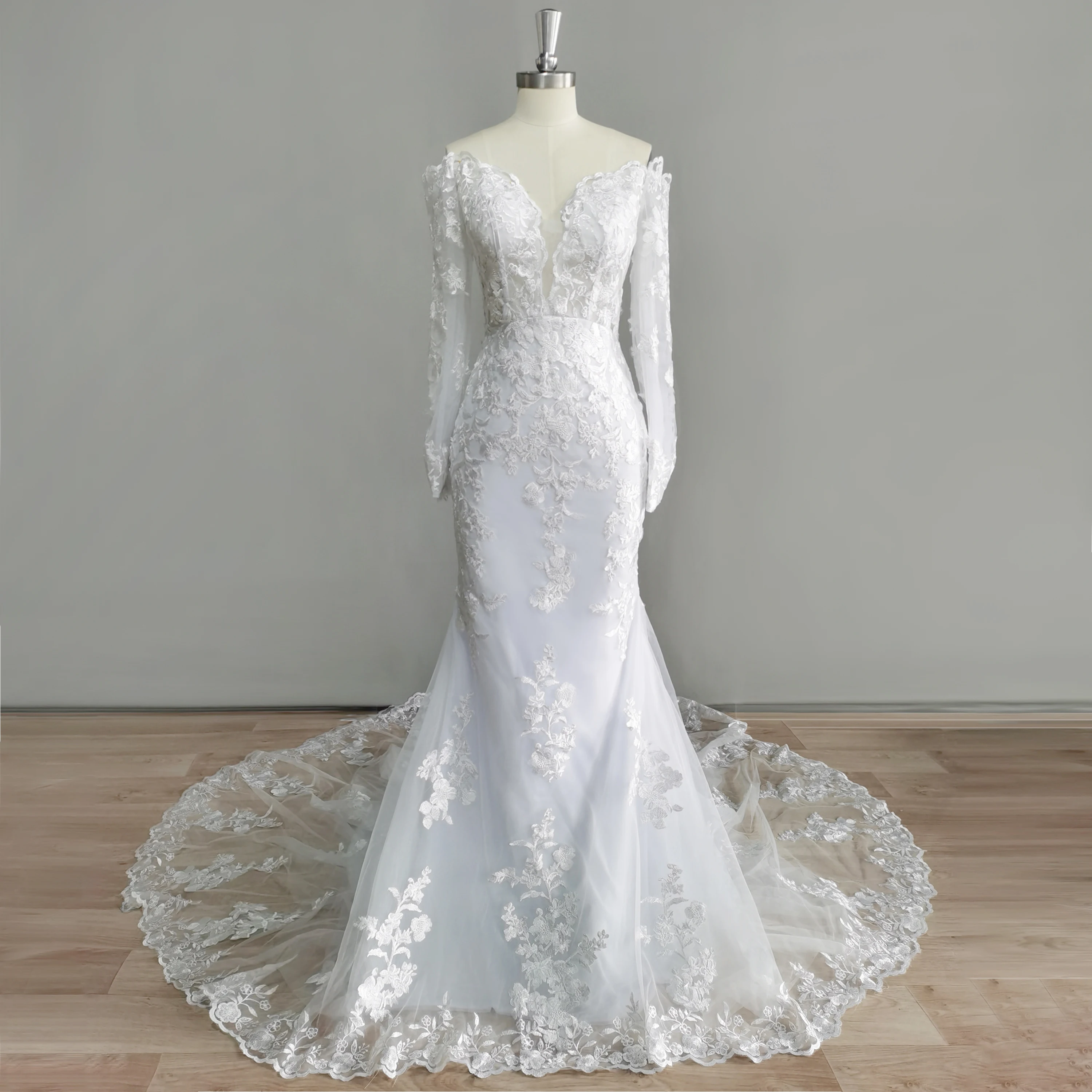

DIDEYTTAWL Real Picture Off Shoulder Lace Mermaid Wedding Dress For Women V Neck Long Sleeve Floral Backless Bridal Gown 2023