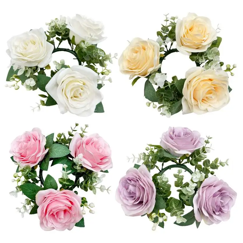 

Candle Ring Wreath Artificial Flower Candle Ring Artificial Rose Candle Ring Wedding Centerpieces for Home Party Decoration