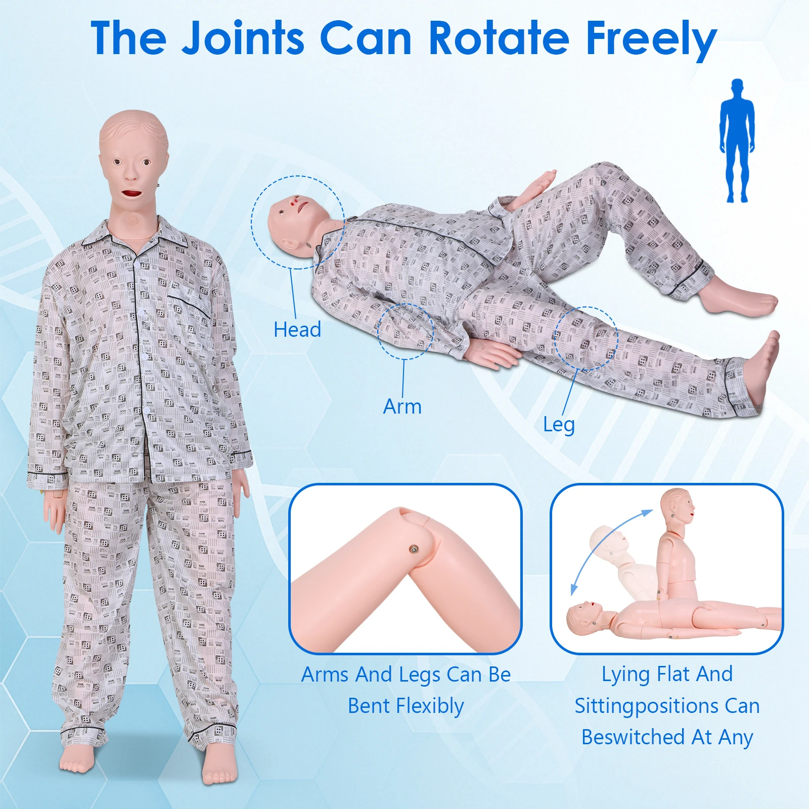 Nursing Training Medical Mannequin for Training Patient Care Manikin CPR Human Manikins with 3 Muscle Module & Patient Gown