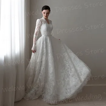 2025 Luxurious A Line Women's Wedding Dresses Long Sleeved Customized Bride Gowns Lace Appliques V Neck Vestidos De Novia Boda