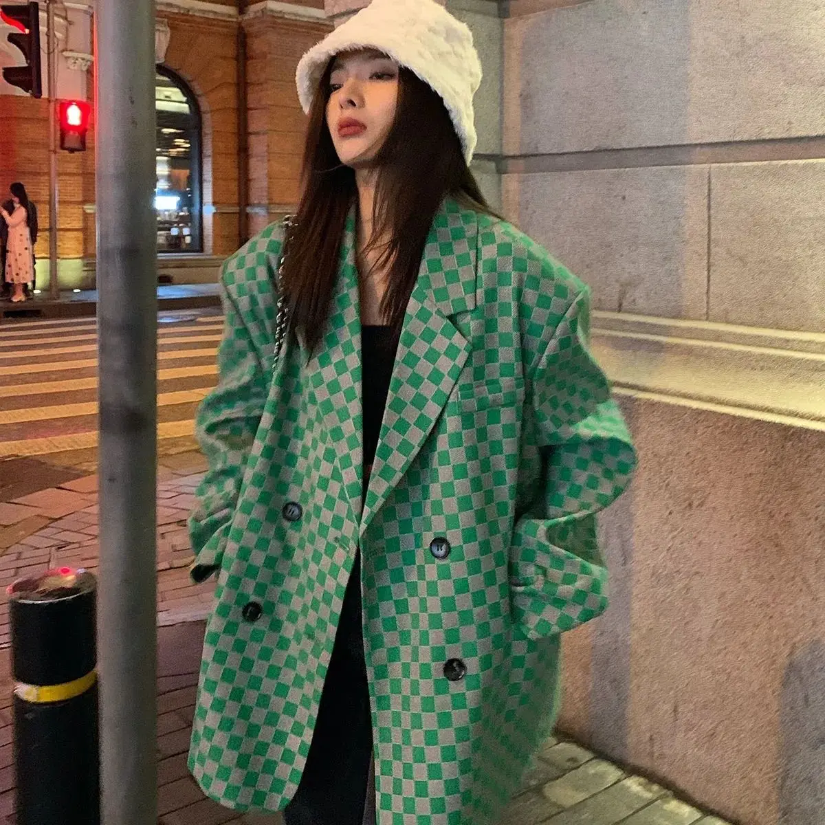Spring Autumn New Korean Style Temperament Green Plaid Suit Coat Women Casual Loose Fashion Green Jaket
