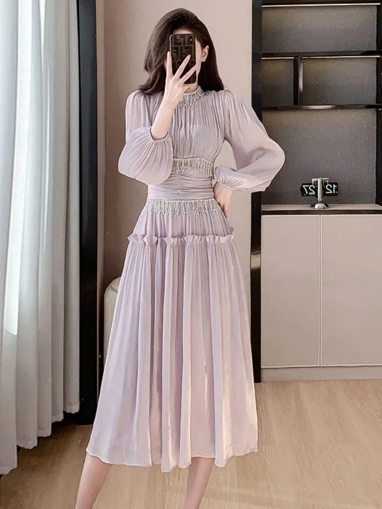 

French Luxury Folds Bright Silk Party Midi Dresses For Women's Stand Lantern Sleeve Diamonds Tassels Prom Clothes Vestidos Robe