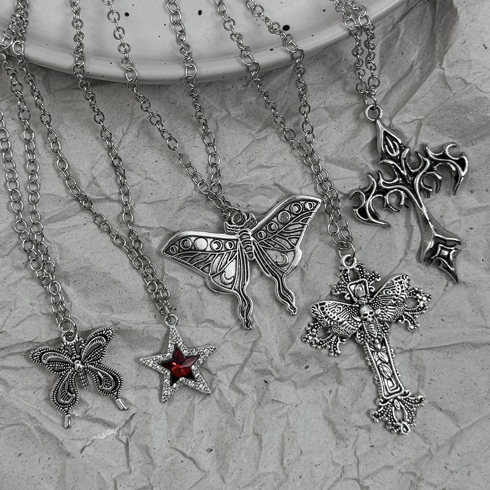 Y2K Gothic Silver Butterfly & Cross Pendant Necklace Set, Vintage Moth & Star with Red Crystal Necklaces, Punk Jewelry for Wo 5