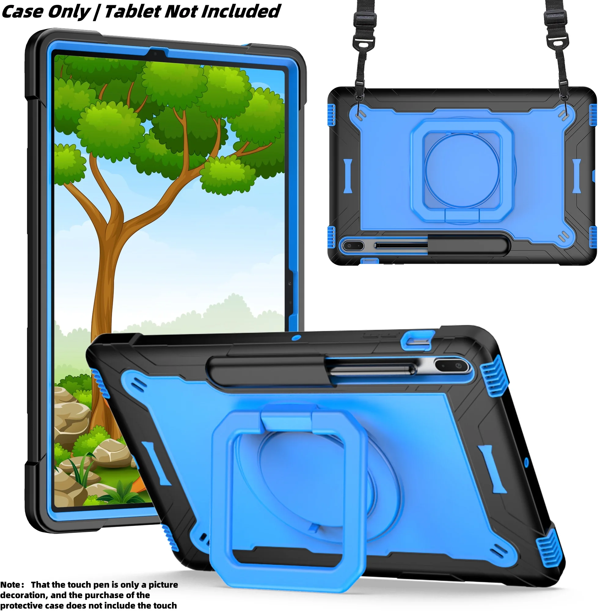 Shockproof Tablet Case with 360° Rotating Stand, Pen Holder, and Shoulder Strap - 12.4 inch