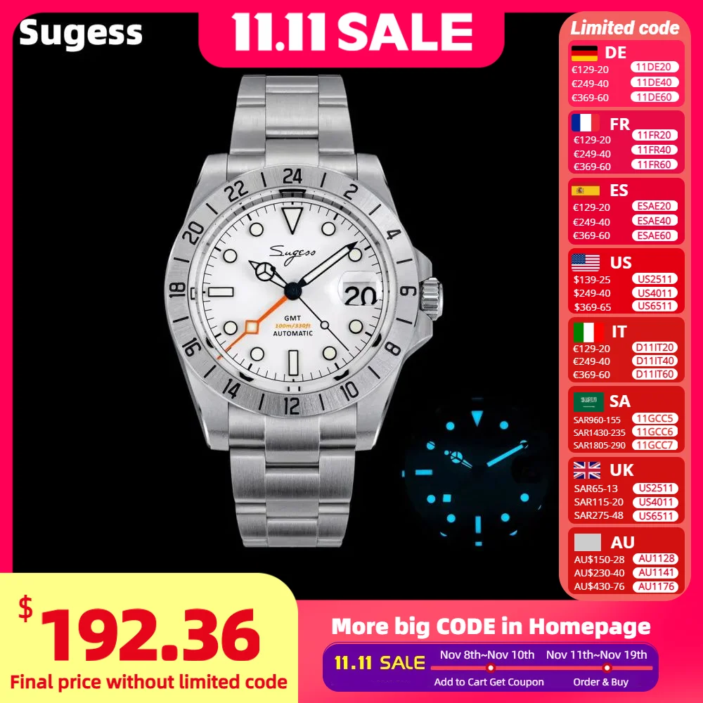 Sugess Men Watch GMT Automatic NH34 Movement 100M Waterproof