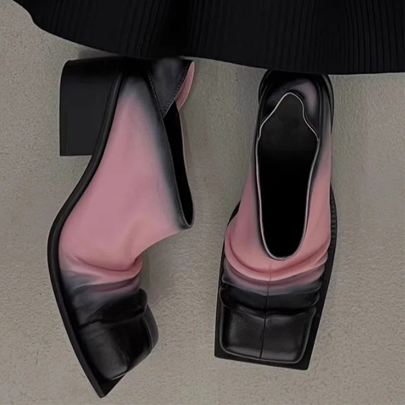 

Mule Shoes Female 2024 Summer New Square Head Retro Roman Style Collision Color Thick Bottom Increase High Heel Leather Shoes