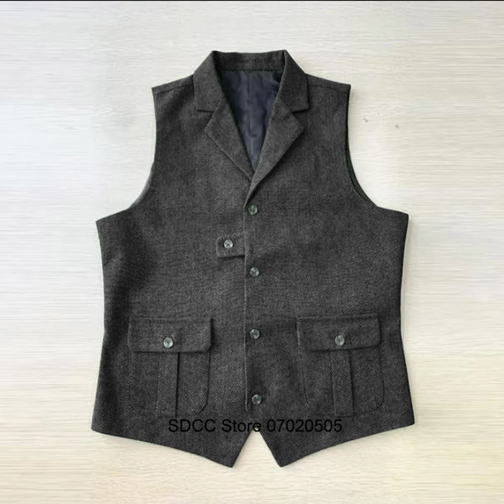 Men's Herringbone Vest, Work Wear, Single-Breasted, V-neck, Wool, Sleeveless Jacket, Winter Padding, Male Coat