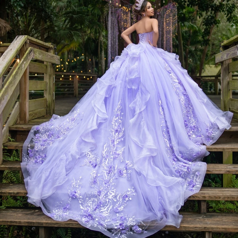 Ball Gown Purple And White Wedding Dress Lavender Quinceanera Dress Ball Gown Floral Applique Sweet 16 Vestidos De Ball Gown Purple And White Wedding Dress Lavender Quinceanera Dress Ball Gown Floral Applique Sweet 16 Vestidos De