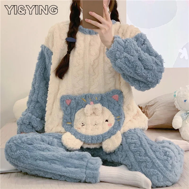 

[YI&YING] 2023 Flannel Pajamas for Women's Autumn and Winter New Cute Cartoon Thickened Coral Velvet Home Clothing Set WAZC1140