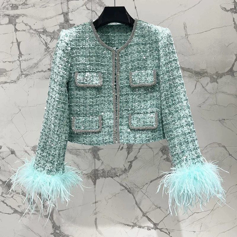 

Female Sequin Green 2Piece Sets Runway Women Single Breasted Round Neck Diamond Short Jacket 2024High Waist Bag Hip Skirts Suits