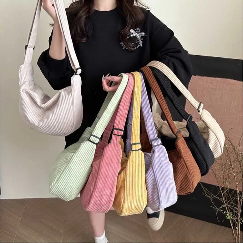 Casual Light Corduroy Hobos Shoulder Bags for Women Simple Solid Color Ladies Crossbody Bag Fashion Female Travel Handbags Tote