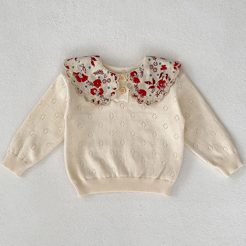 Autumn Newborn Sweaters Kids Knit Wear Kids Knitting Pullovers Tops Large Floral Collar Baby Girl Sweaters Cotton