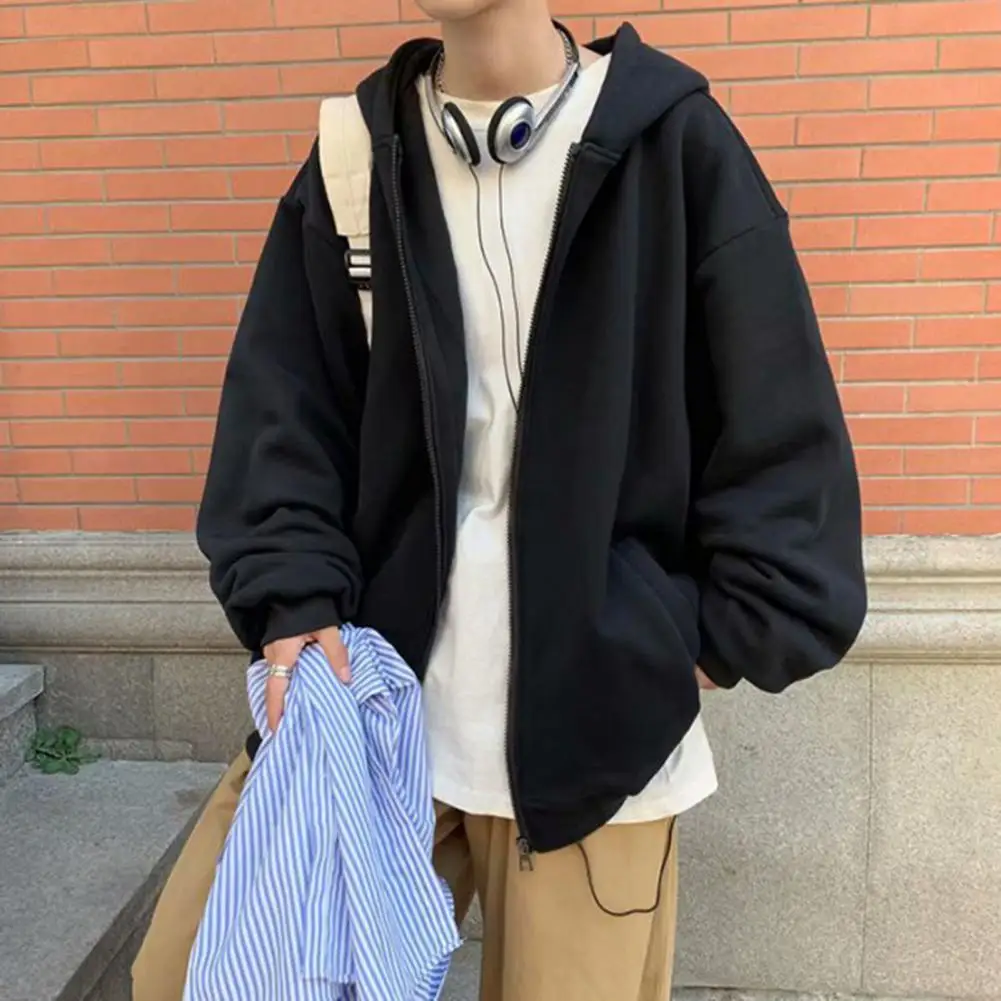 

Men Coat Long Sleeves Zipper Placket Hooded Solid Color Loose Cardigan Pockets Elastic Cuff Hoodie Autumn Jacket for Daily Wear