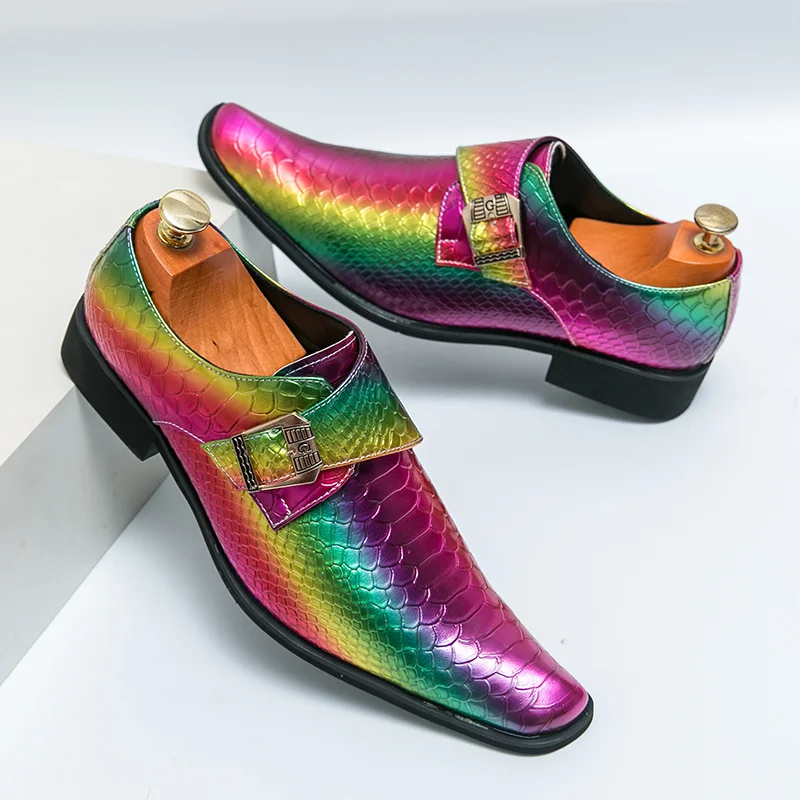 

Fashion New Colorful Wedding Shoes Men Square Toe Bright Men's Designer Leather Shoes Slip-on Metal Social Shoes Man Big Size 46