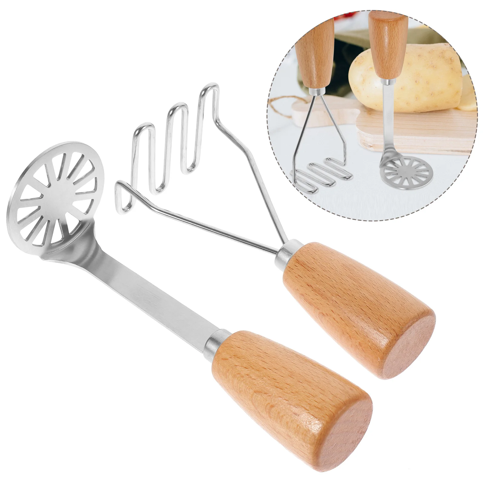 

2 Pcs Potato Masher Kitchen Gadget Grinding Tool Metal for Potatoes Manual Crusher Wood Food