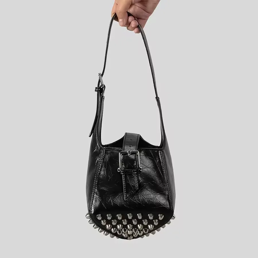 Bucket Bag For Women Luxury Designer Handbag Purse 2025 New In PU Mosaic Belt Buckle Rivet Decoration Underarm Shoulder