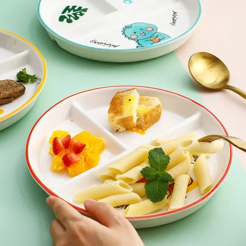 Divider Plate Ceramic Dish Serving Platter Children's Tableware Cartoon Ceramic Grid Plate One Person Breakfast Bowl
