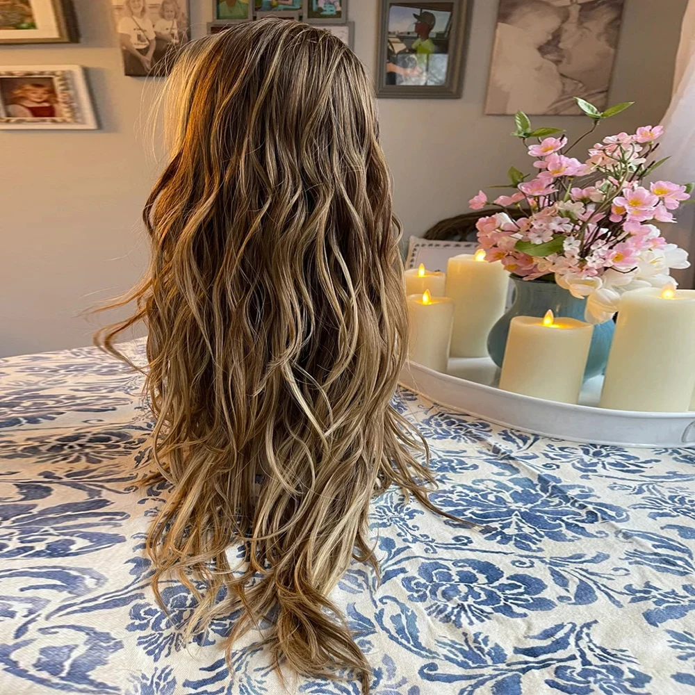 Ombr&eacute; Blonde Highlights Long Curly Wig Syntheic Blend Human Hair Lace Front Wig Dark Roots Heat Friendly Fibre Lady Girls