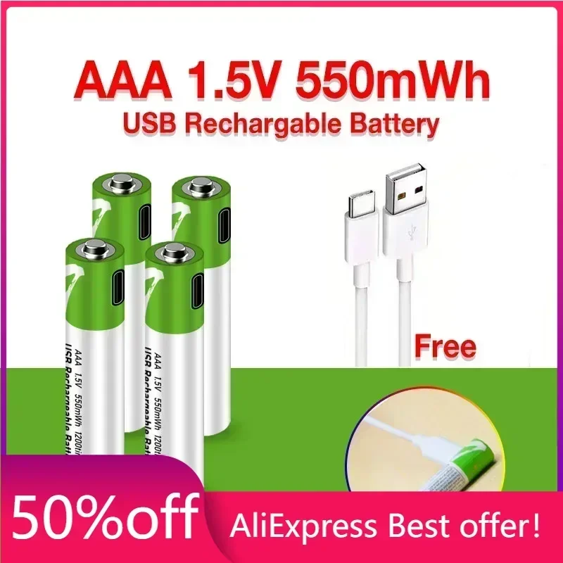 

SMARTOOOLS 1.5V AAA 550MWh USB Rechargeable Li-ion Battery for Remote Control Wireless Mouse Toy + Type-C Cable Charger