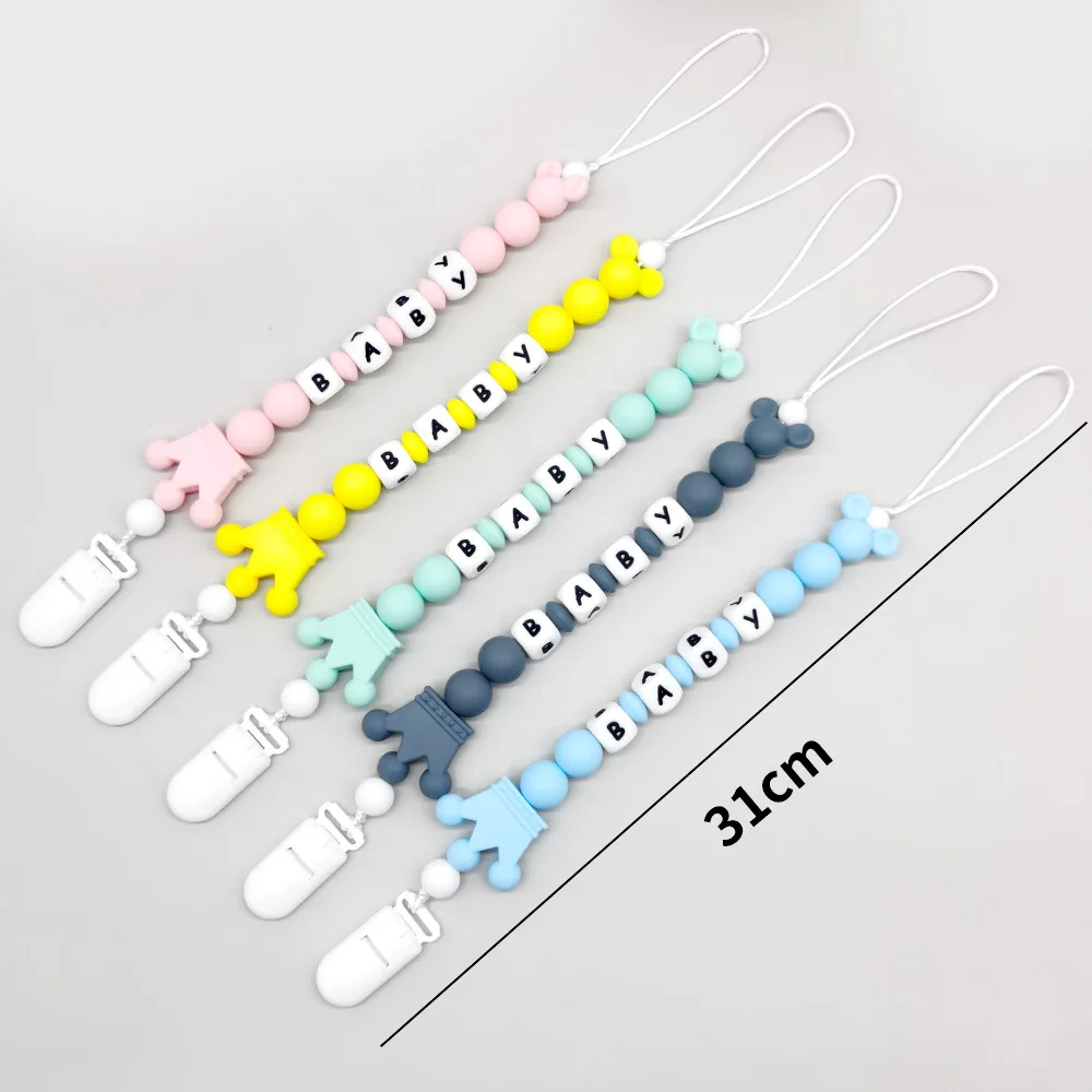 Customized Name Baby Pacifier Clips Chain Anti - Lost Baby Pacifier Holder Gray Mouse, Silicone Alphabet Bead Design