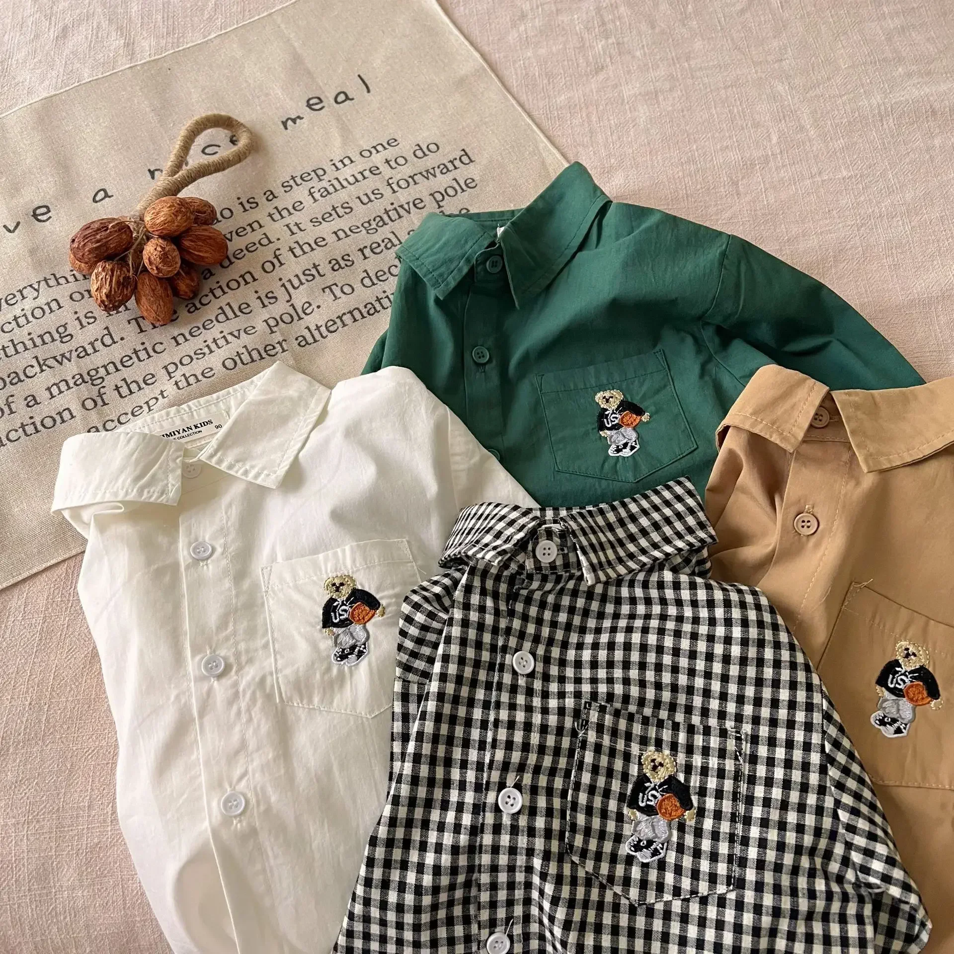 Children's White Shirt Autumn Boys Girls Korean Version Little Bear Embroidered Long-sleeved Plaid Lapel Shirt Trend