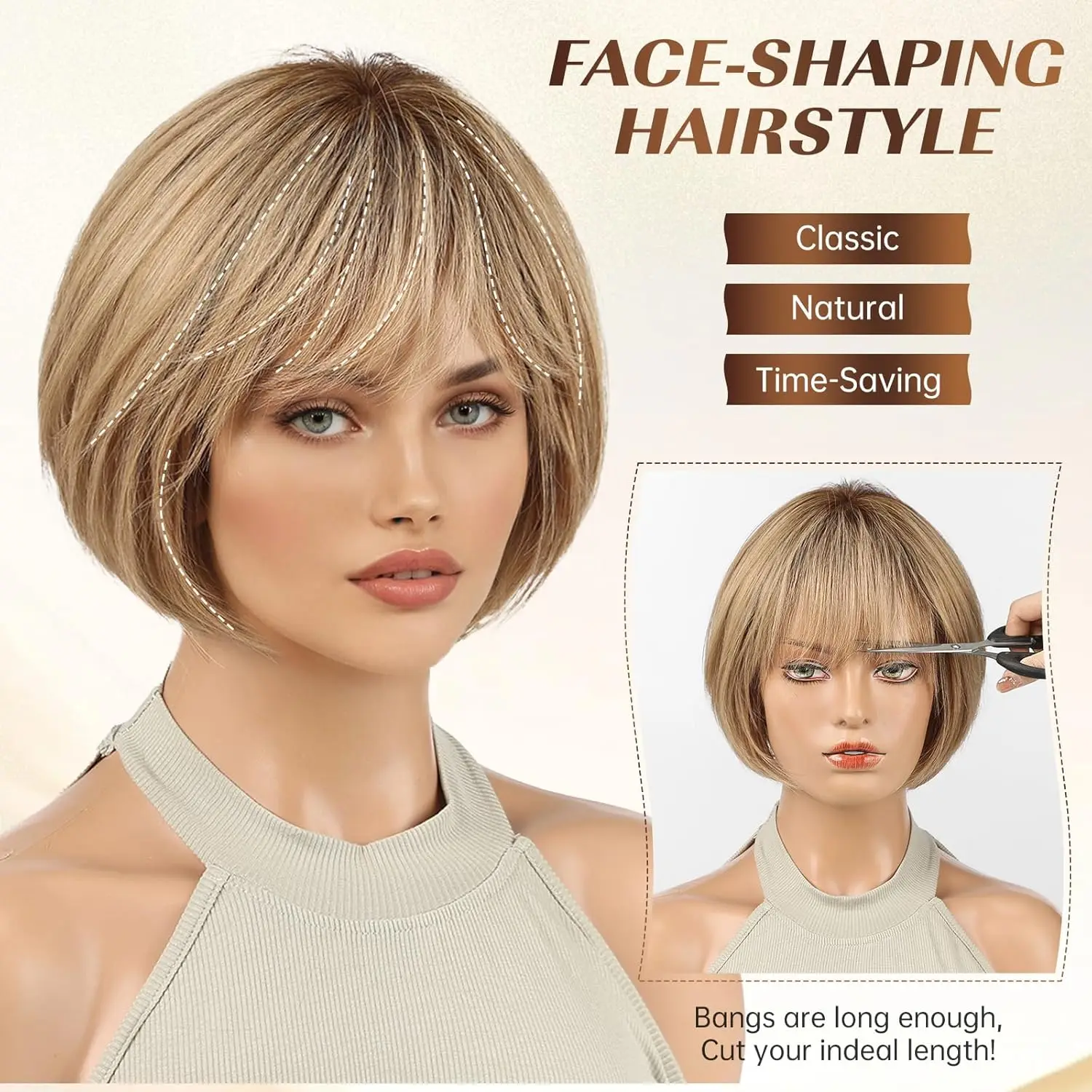 100% 인모 숏밥 가발 (앞머리 포함) 허니 블론드 골든 하이라이트 글루리스 가발 (여성용) 내열성 자연스러운 데일리 가발