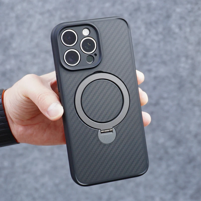 Carbon Fiber Texture 360 Rotating Kickstand Phone Case with Wireless Charging Compatibility