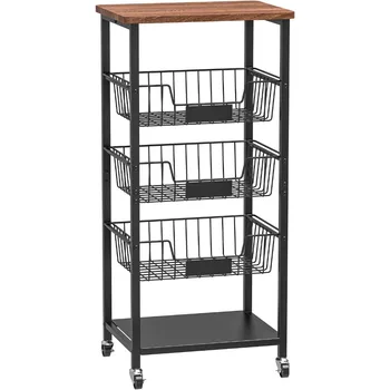 5-Tier Kitchen Storage Cart with Baskets & Wood Top – Rolling Utility Organizer with Wheels 1