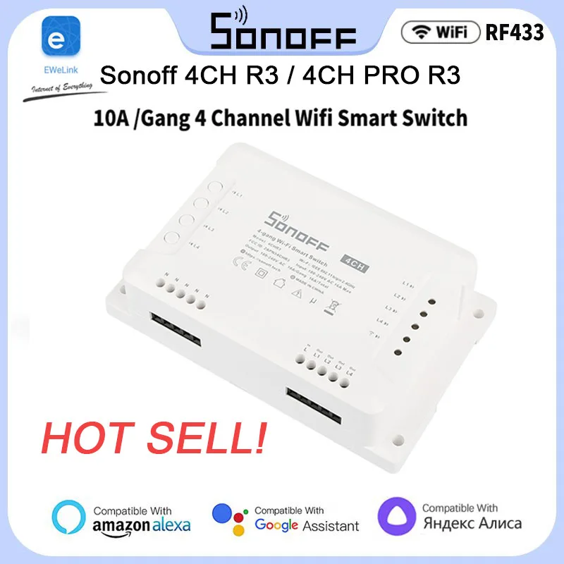 

10PCS SONOFF 4CH R3/4CH PRO R3 4 Gang WiFi Smart Switch Module 433MHZ RF Remote Lights Switch Support 4 Devices Works With Alexa